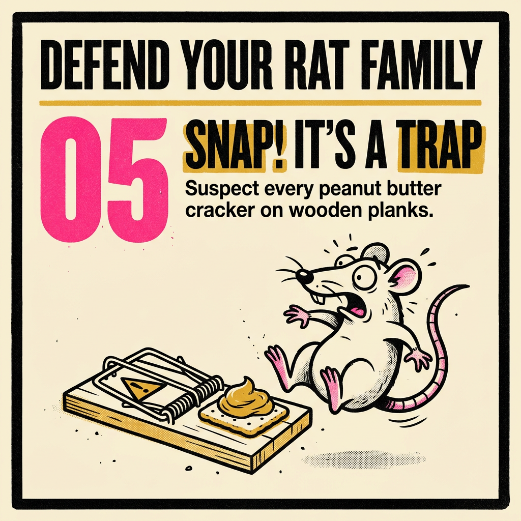 Illustrated NYC rat in lab goggles holding a slice of pizza